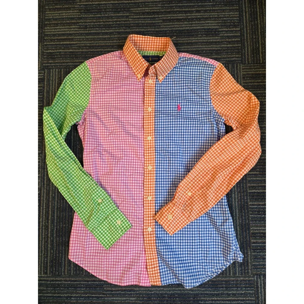 Ralph Lauren Boys Sz 8 Gingham Colorblock Button Down Shirt Multi Color Preppy